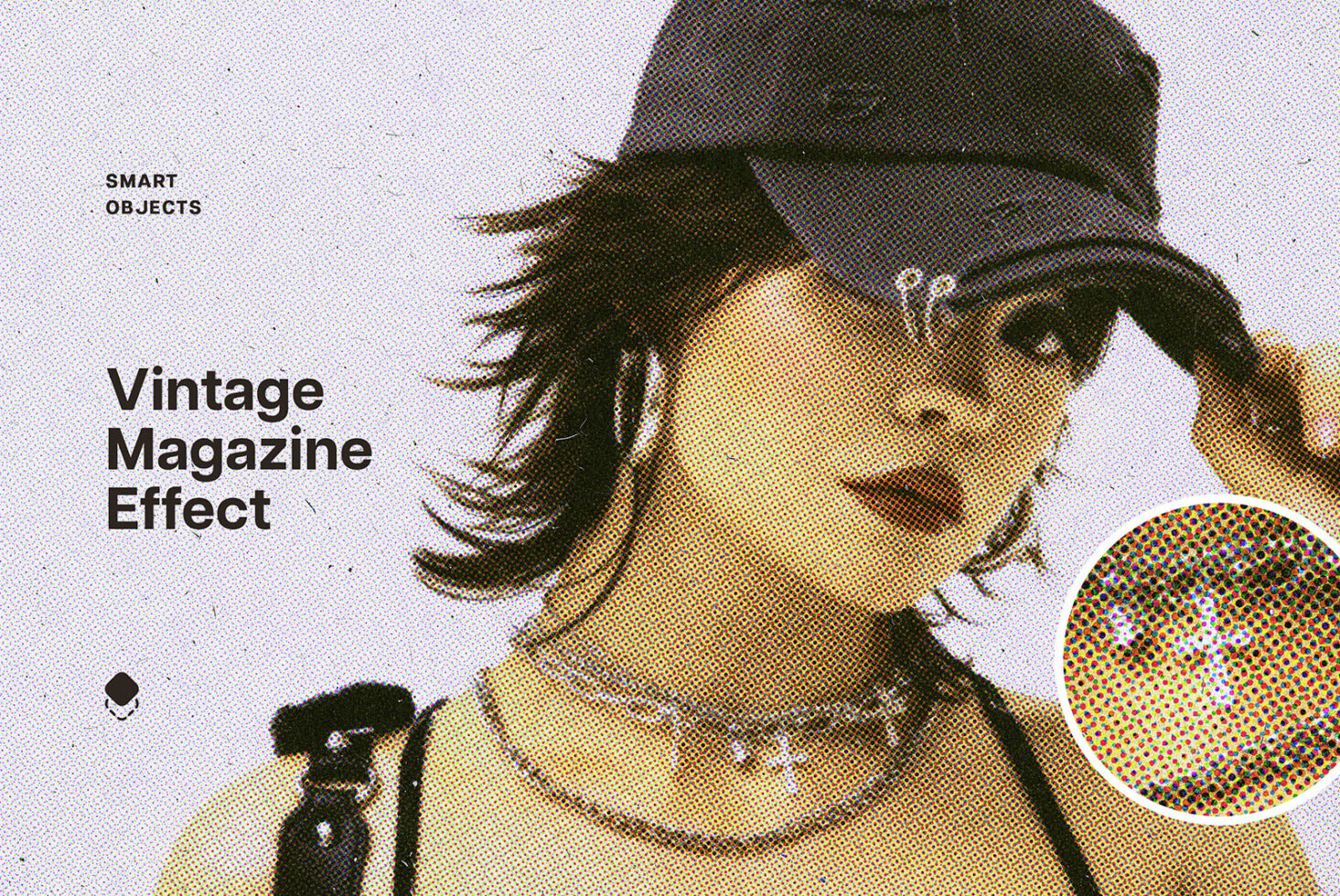 Vintage magazine effect template featuring halftone dots portrait design smart objects photo editing graphic resource for designers and artists.