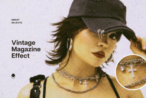 Vintage magazine effect template featuring halftone dots portrait design smart objects photo editing graphic resource for designers and artists.