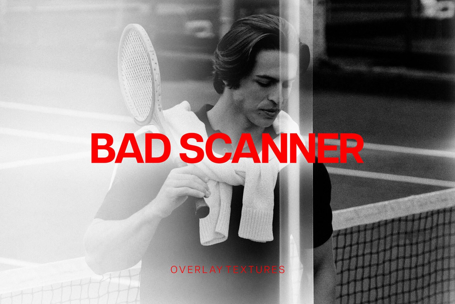 Black and white tennis player photo with vintage overlay. Features text Bad Scanner in red. Ideal for templates, graphics, mockups, creative design projects.