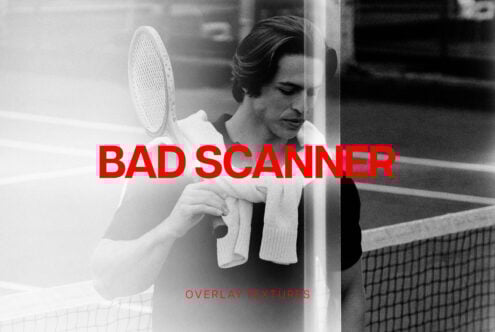 Black and white tennis player photo with vintage overlay. Features text Bad Scanner in red. Ideal for templates, graphics, mockups, creative design projects.