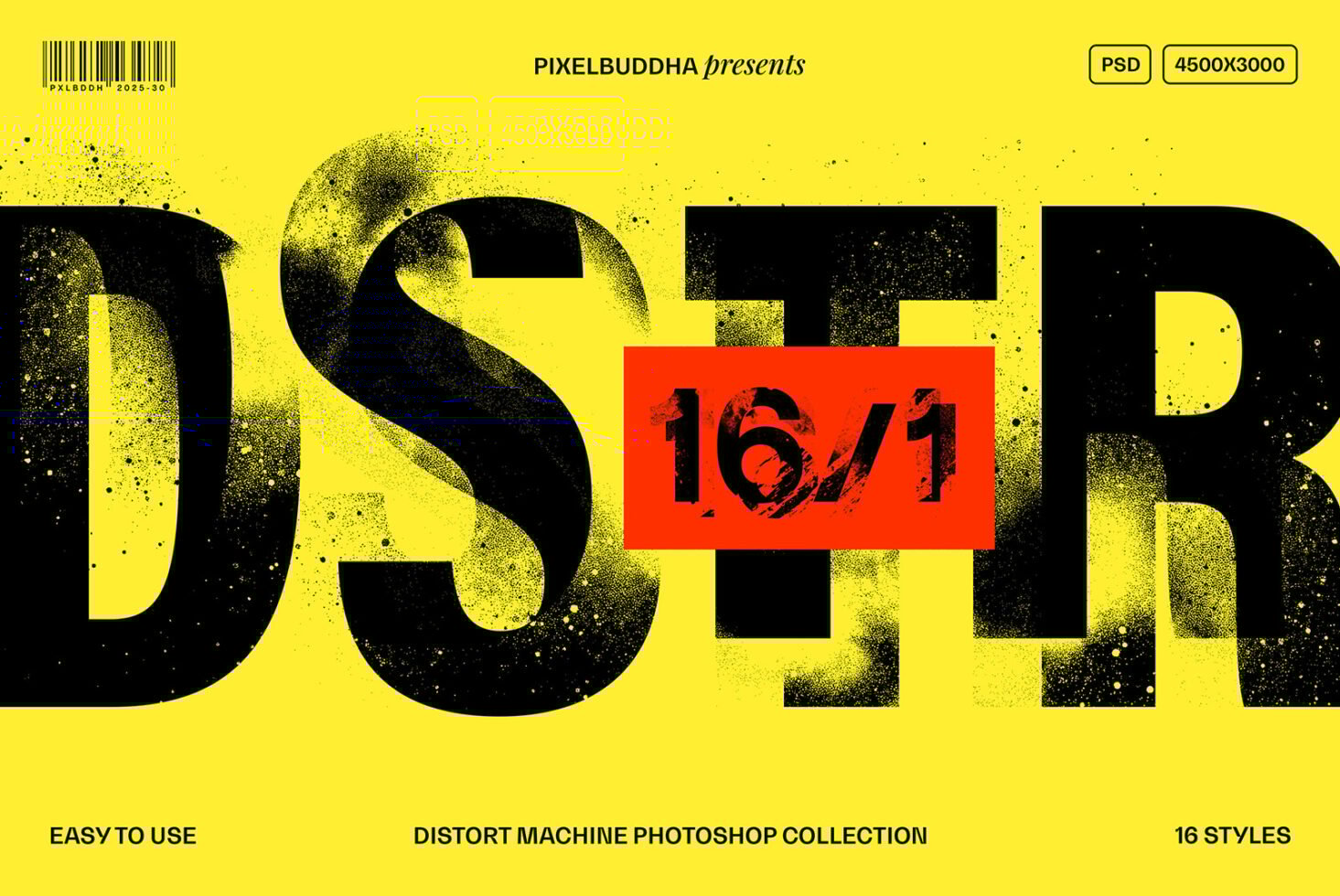 Grunge style yellow and black graphic template PSD featuring distorted typography. Ideal for designers using Photoshop. Includes 16 styles.