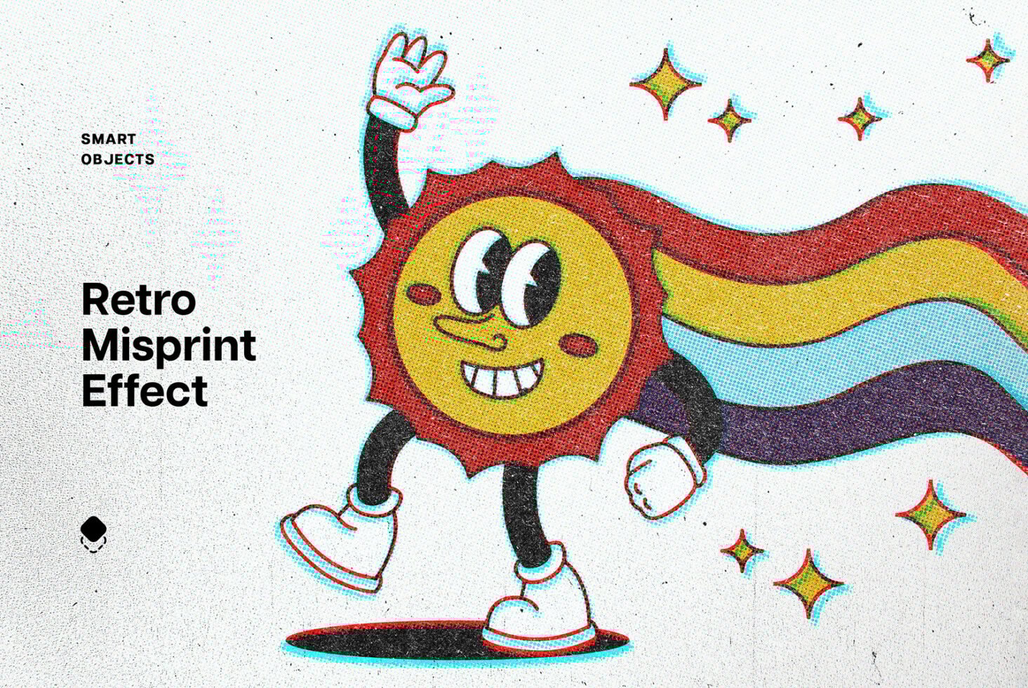 Retro misprint effect graphic featuring a cartoon character with rainbow trails and sparkles. Suitable for vintage design projects and mockups.