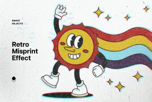 Retro misprint effect graphic featuring a cartoon character with rainbow trails and sparkles. Suitable for vintage design projects and mockups.