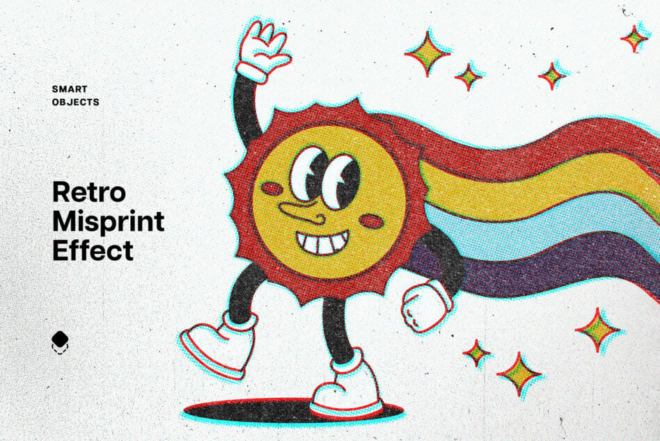 Colorful cartoon sun character with cape flying, sparkles scattered around, halftone print style