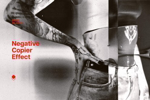 Black and white negative copier effect on tattooed arm and jeans. Perfect for edgy design projects. Ideal for graphics and mockups. Includes smart objects.