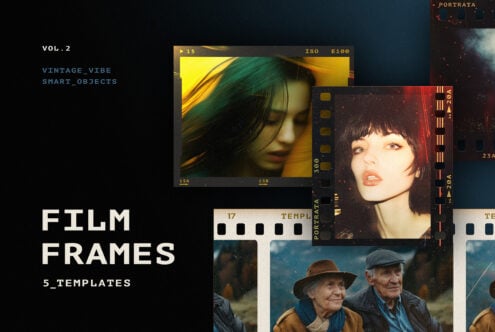 Film frames template for designers showcasing vintage vibe with smart objects; includes five templates featuring diverse portraits and retro aesthetics.