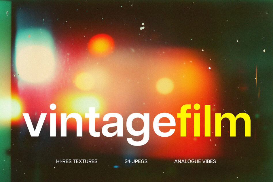 Vintage film text overlay on bokeh night lights with warm color cast