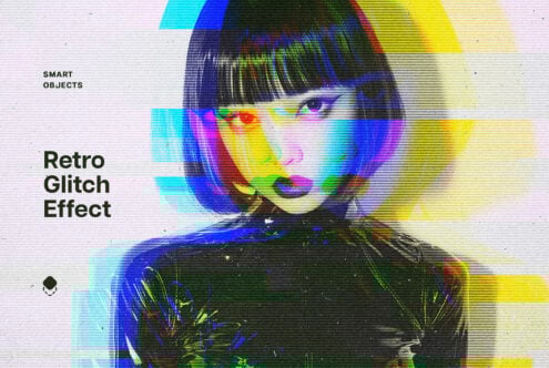 Retro glitch effect image with colorful distorted lines overlays a person. Ideal for graphic designers seeking trendy visual effects and textures. Templates.