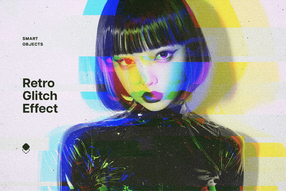 Retro glitch effect image with colorful distorted lines overlays a person. Ideal for graphic designers seeking trendy visual effects and textures. Templates.