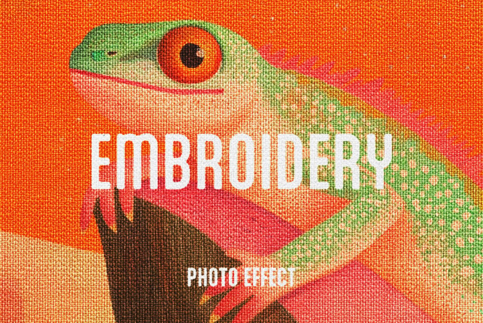 Embroidery photo effect with chameleon on orange textured background