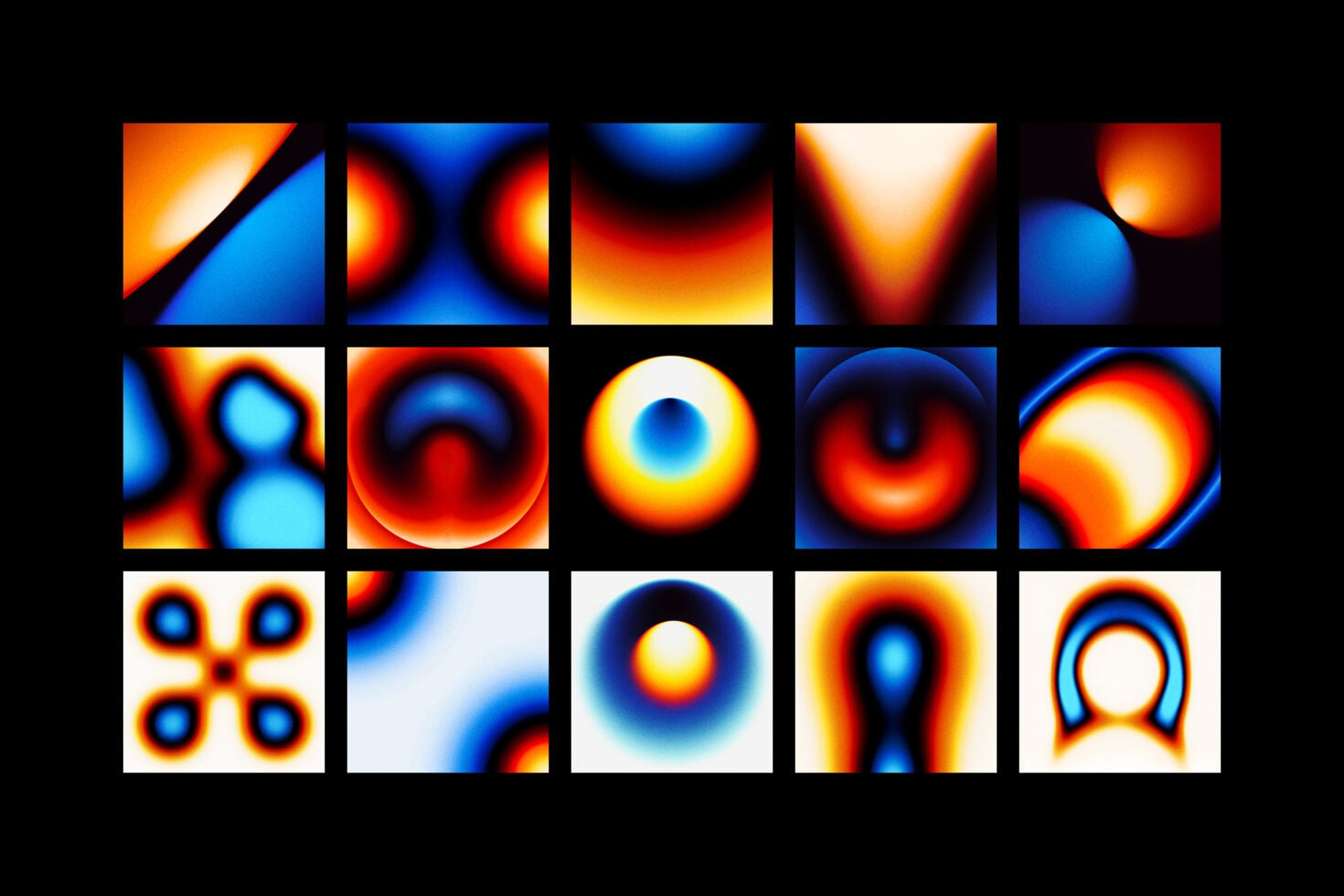 Grid of 15 abstract gradient tiles featuring glowing orbs circles triangles in warm cool tones