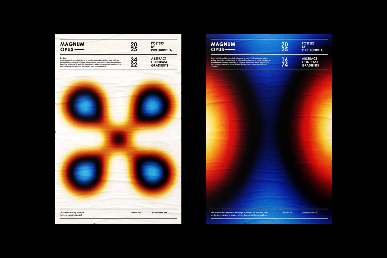Magnum Opus poster mockup with glowing gradient orbs on white plus dark blue version