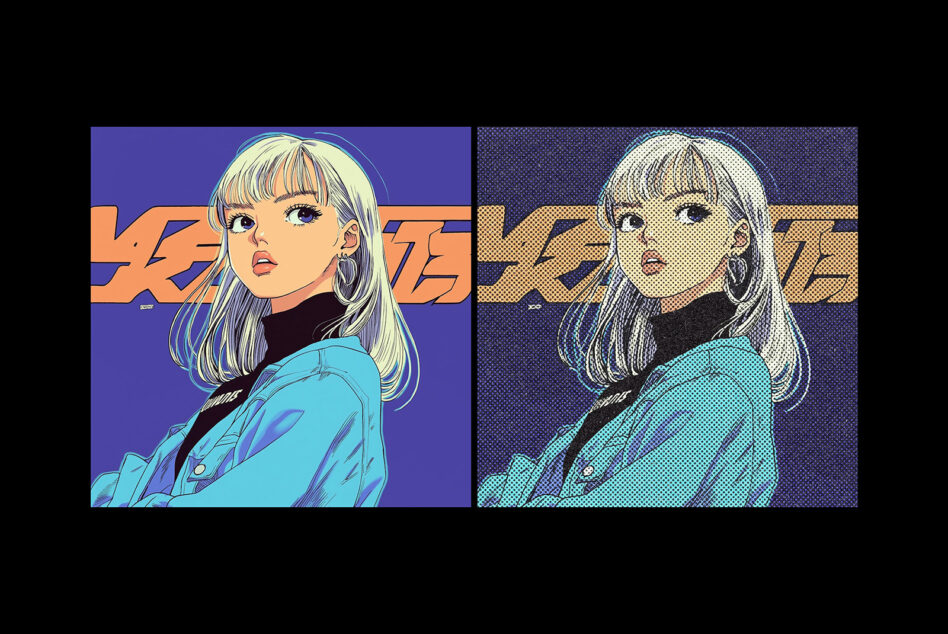 Anime-style illustration of a young woman with blonde hair in teal jacket; vibrant colors; digital graphic design; pop art aesthetics; designer asset