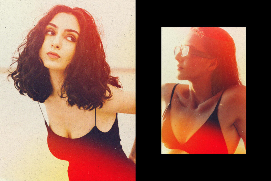 Two portraits of woman with dark wavy hair in black top showing different vintage film color treatments
