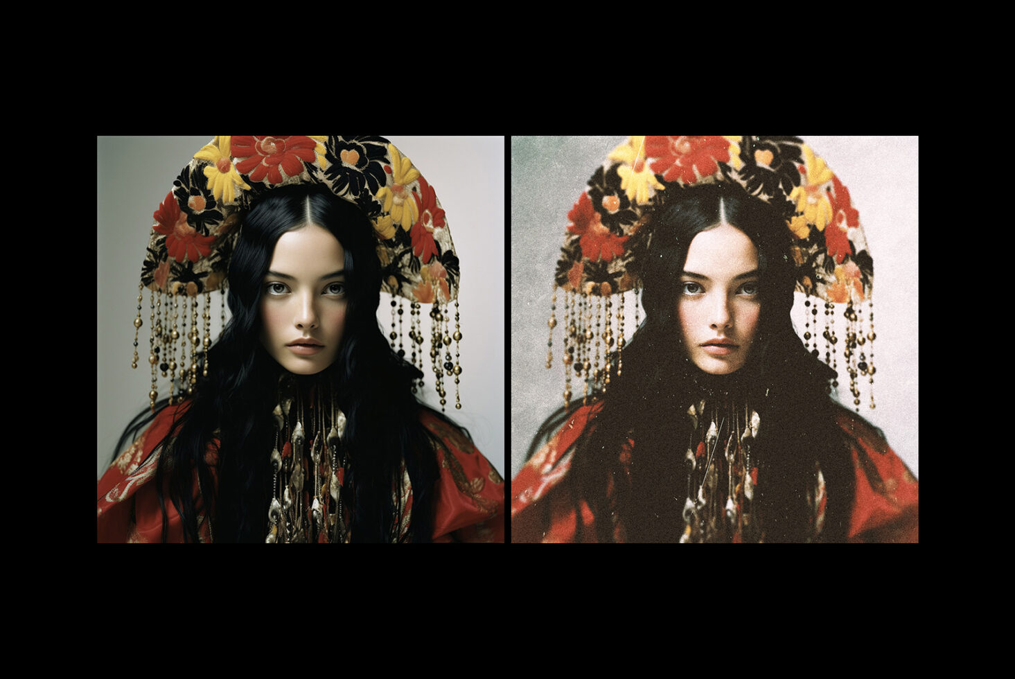 Woman in ornate floral headpiece with beaded fringe, shown in clean digital vs textured vintage versions