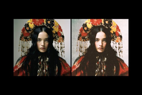 Vintage portrait with ornate headpiece and floral design in vibrant colors. Left side shows a digital illustration style right side is a textured retro effect.