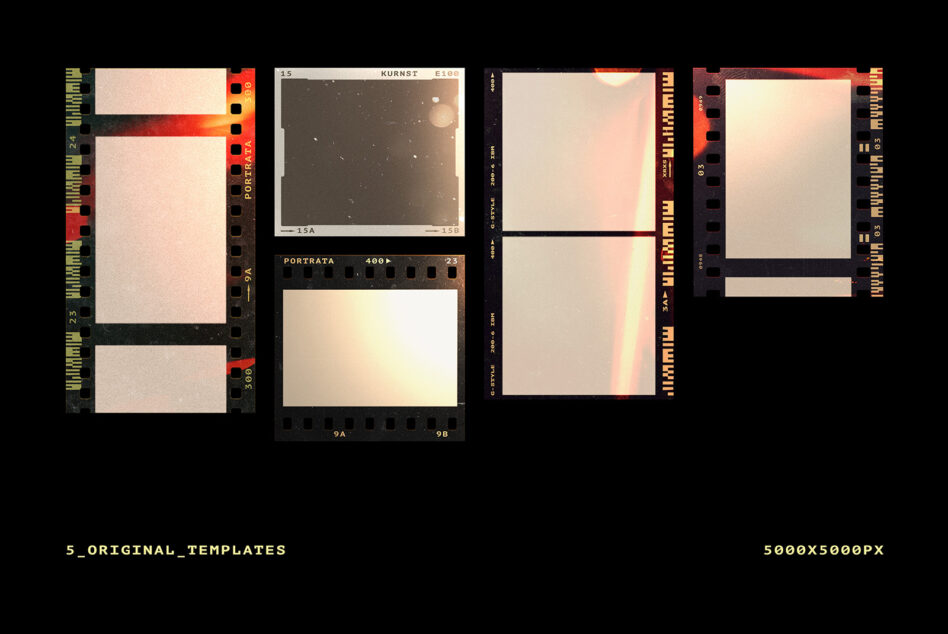 Five blank film frame templates arranged in grid, vintage style layouts