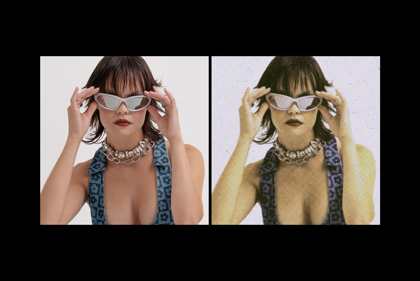 Fashion design mockup showing woman in sunglasses and necklace with retro graphic filter effect for creative templates layouts in digital assets.