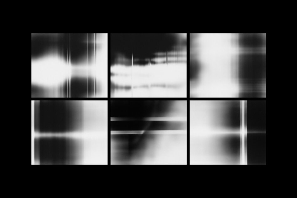 Grid six heavily blurred black white photo frames chaotic light streaks distorted imagery
