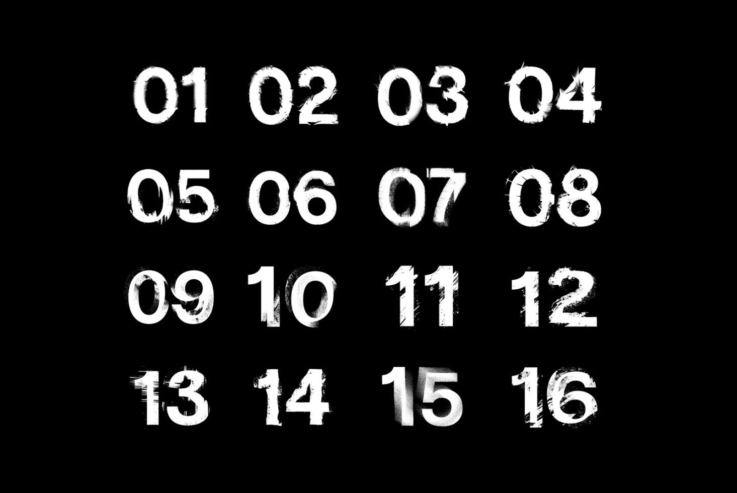 Grunge numbers set 01 to 16 on black background ideal for fonts typography graphic design vintage style digital assets for designers creative projects