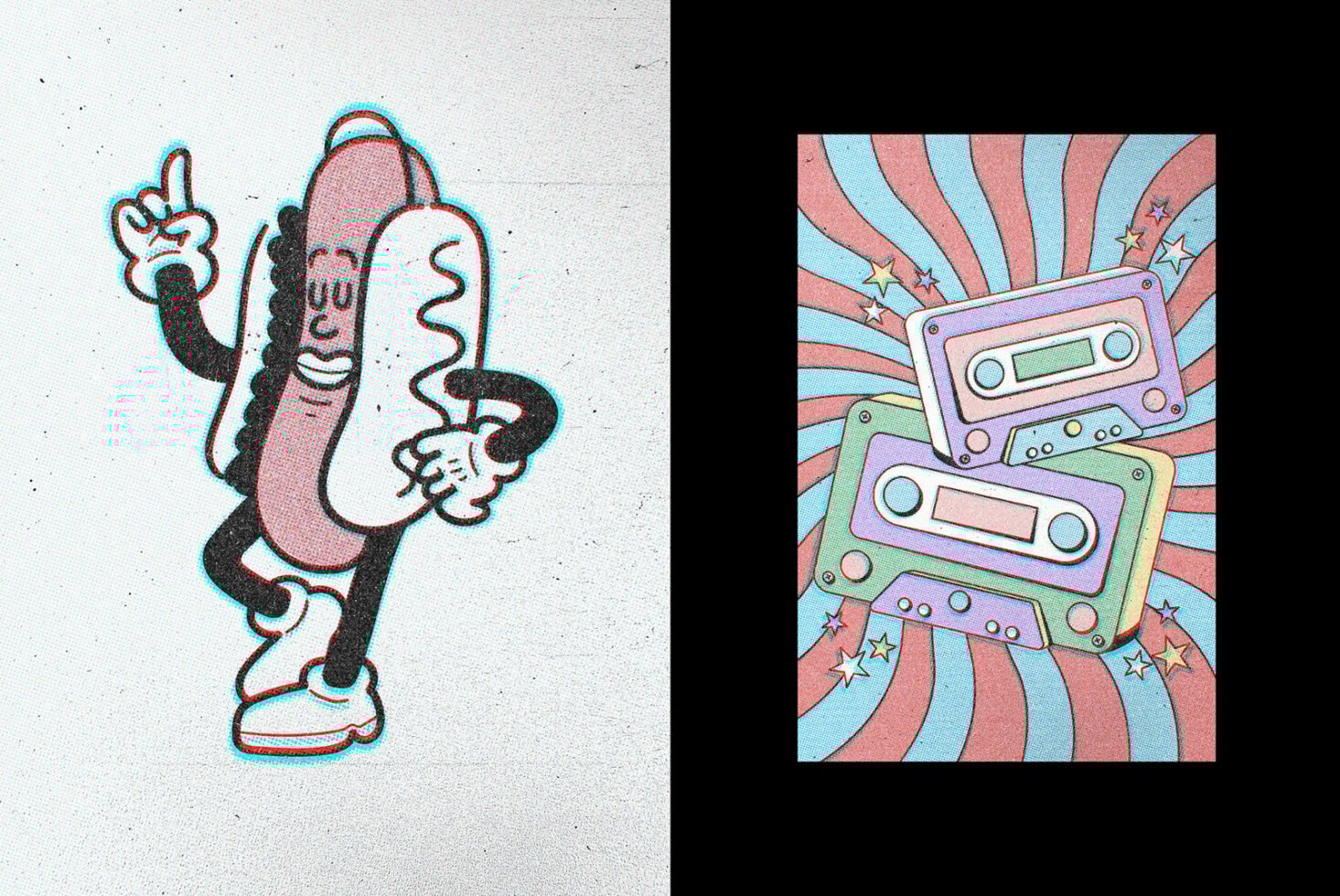 Retro illustrations featuring a dancing hot dog and colorful cassette tapes with bold patterns perfect for graphic design resources and vintage templates.