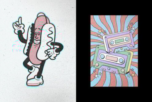 Retro illustrations featuring a dancing hot dog and colorful cassette tapes with bold patterns perfect for graphic design resources and vintage templates.