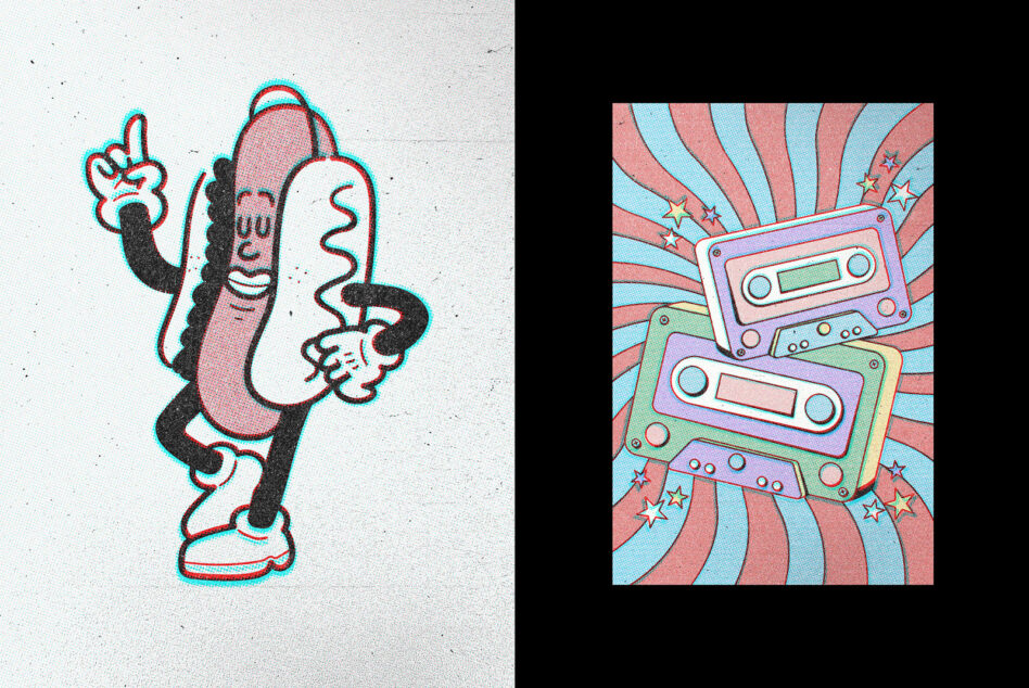 Retro hot dog mascot holding mustard on left, stacked cassette tapes on right with stars