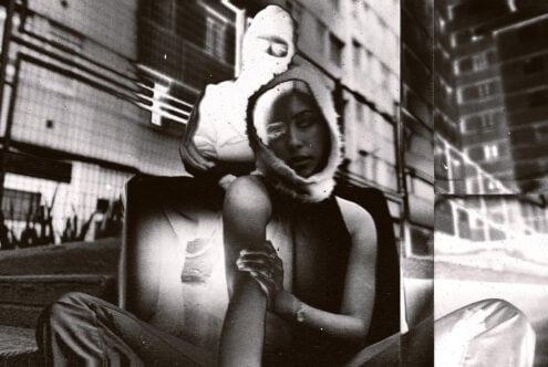 Surreal art piece showing abstract figures with distorted features in an urban setting. Ideal for designers seeking unique graphic inspiration. Black and white.