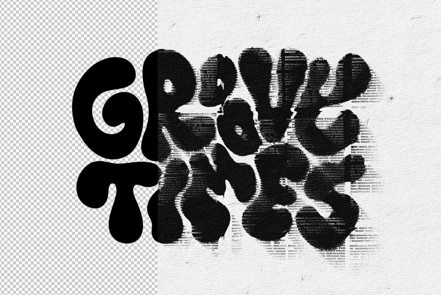 Groovy distorted text graphic design on canvas texture with text overlay effect. Ideal for designers seeking unique typography templates and graphics.