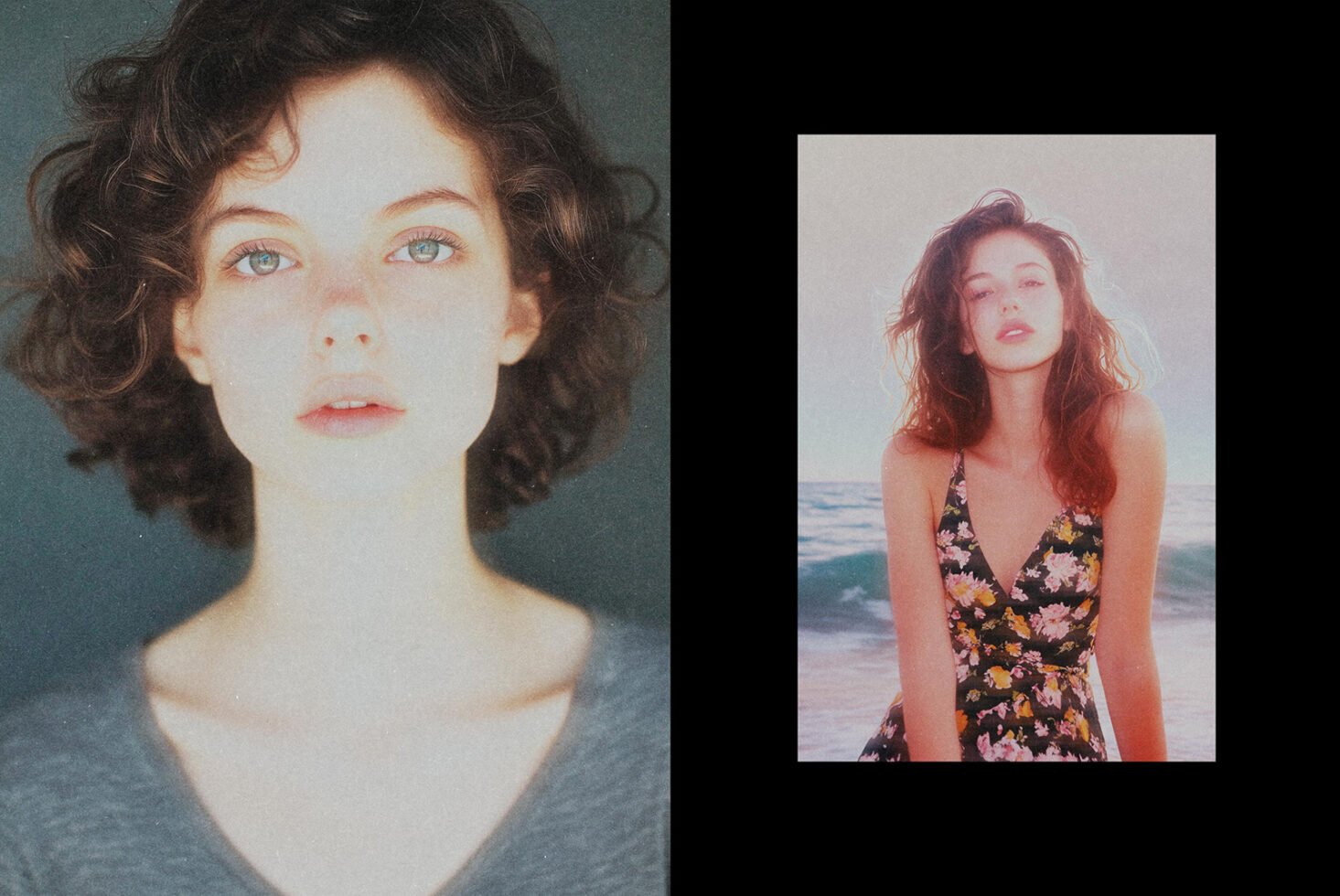 Dual portrait creative photography with soft focus effect featuring a woman in natural light mood ideal for graphic design projects and aesthetics.
