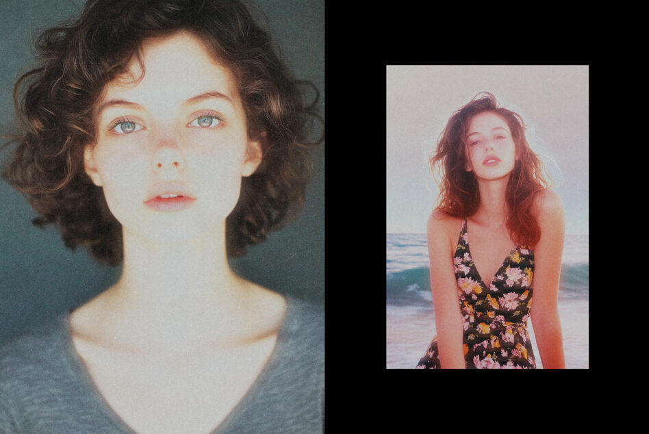 Dual portrait creative photography with soft focus effect featuring a woman in natural light mood ideal for graphic design projects and aesthetics.