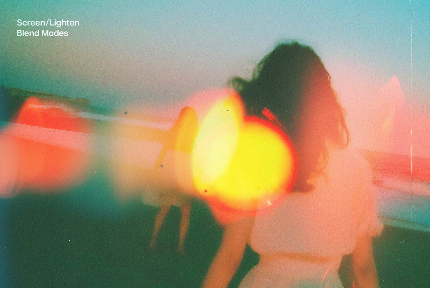 Abstract photo with warm blend modes overlay, featuring a blurred figure on a beach setting. Ideal for graphic designers seeking vibrant, dreamy effects.