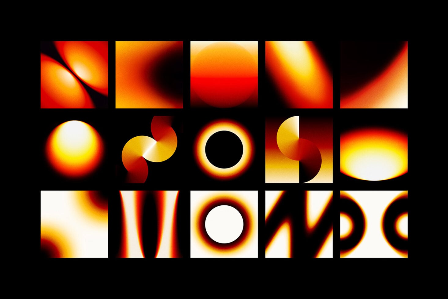 Grid of 15 gradient graphic elements in warm reds oranges yellows with shapes