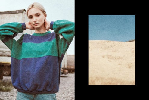 Vintage fashion mockup featuring a person in a retro sweater with a contrasting split image of a serene landscape. Ideal for designers seeking inspiration.