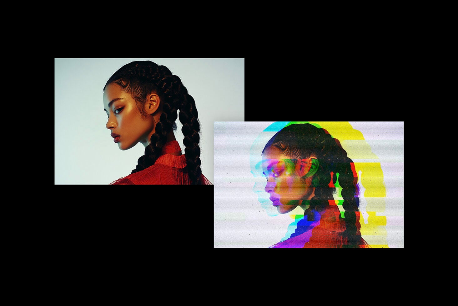 Clean portrait next to glitchy portrait showing before after effect
