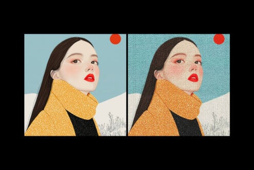 Vector illustration of woman in yellow scarf outdoors with snow background. Textile texture effect. Ideal for graphic design projects and templates.