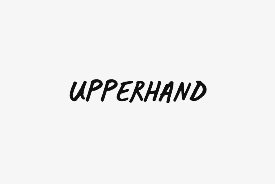 Italic black handwritten text reading Upperhand on light background