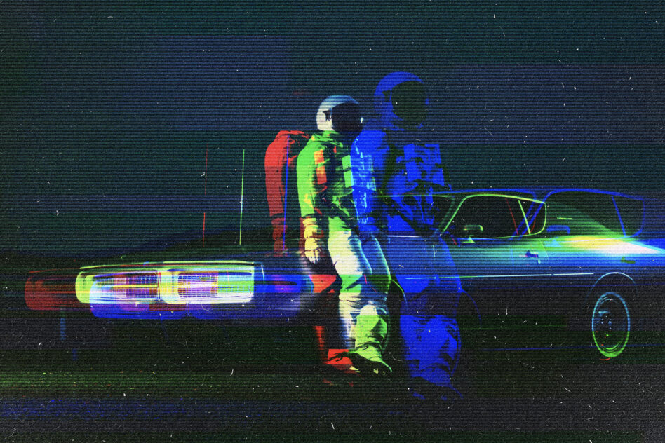 Retro-futuristic graphic with two astronauts and vintage car, glitch effect, vibrant neon colors, perfect for digital art projects or unique design assets.