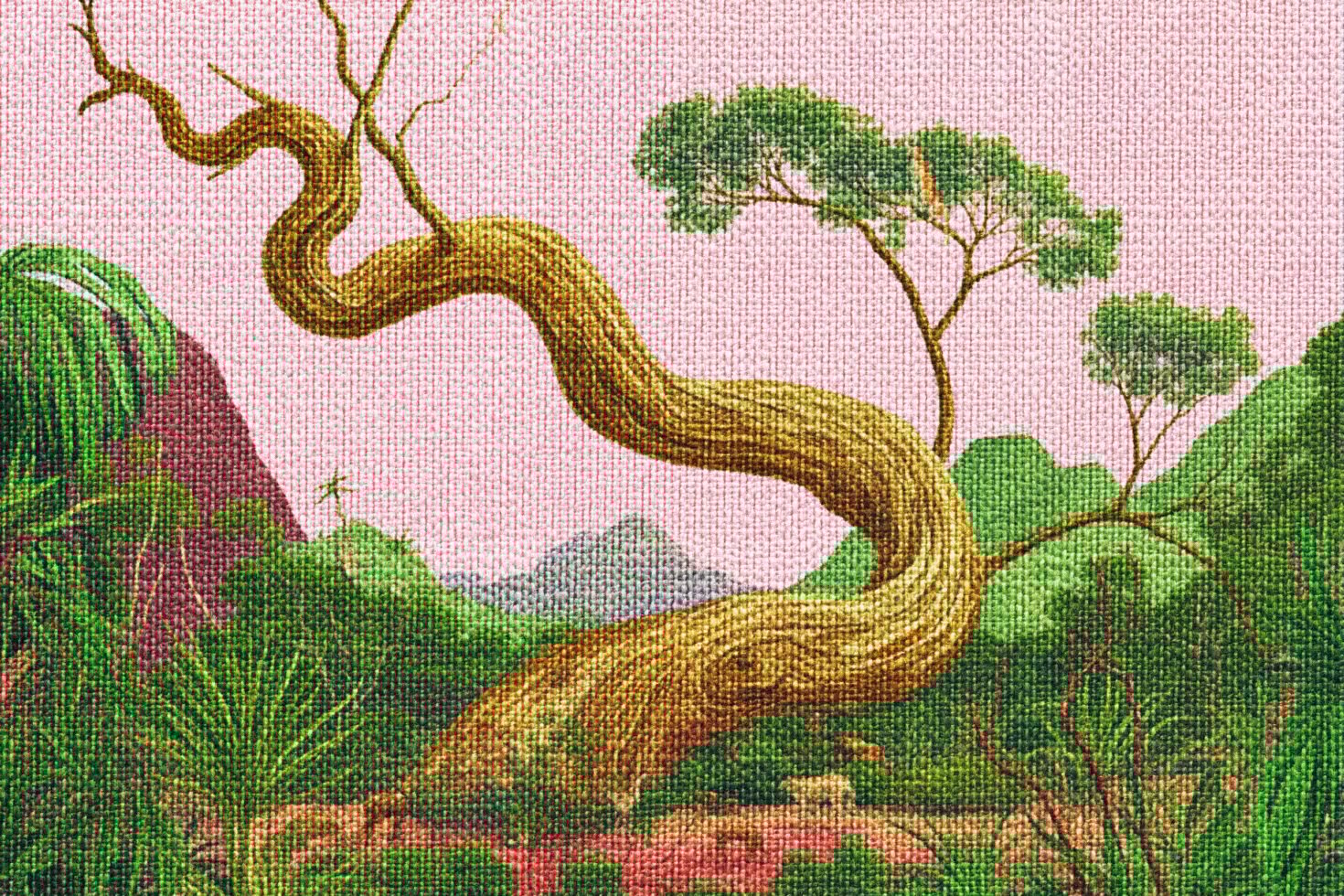 Vintage landscape illustration featuring a twisted tree, vibrant foliage, textured canvas, suitable for graphic design, nature art, and digital use.