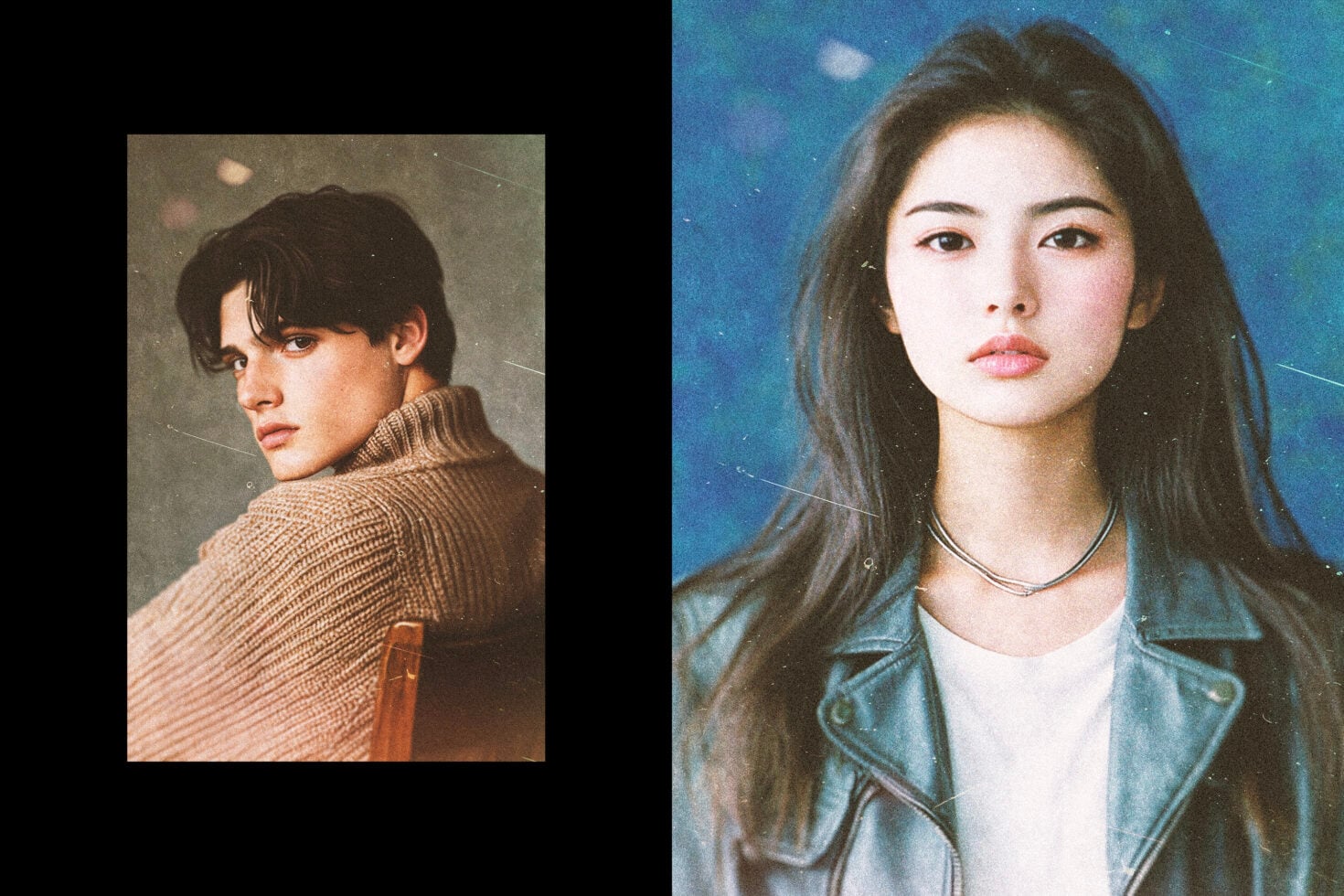 Vintage split layout, side profile in tan turtleneck left, frontal portrait in denim right