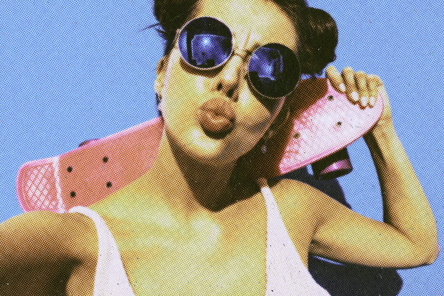 Retro halftone pop art image of a woman in sunglasses holding a pink skateboard, suitable for design projects, graphics, or templates in digital art.