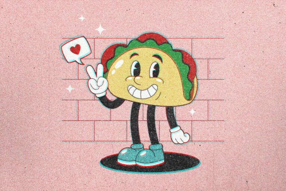 Cheerful taco character with big smile, peace sign, pink brick background with hearts