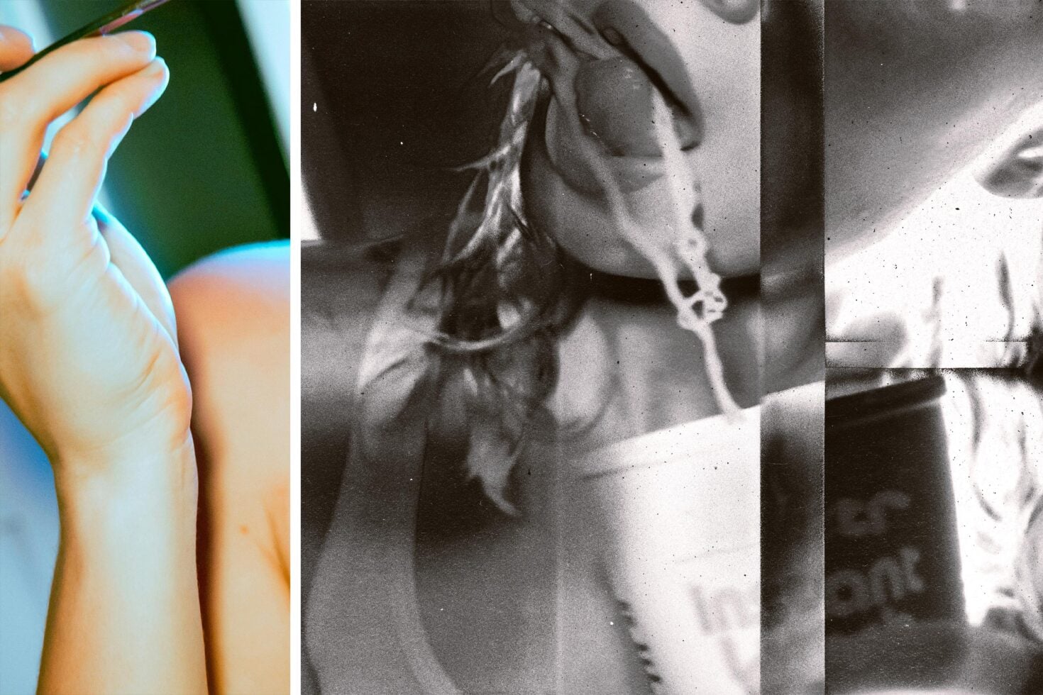 Split collage of colorful hand with neon outline on left, vintage black white photos on right
