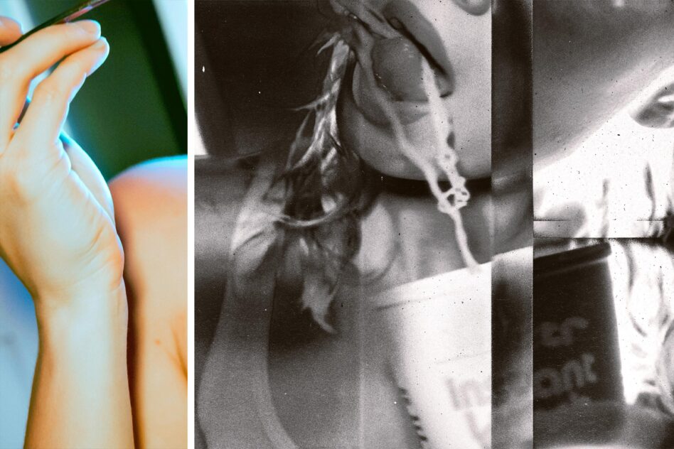 Split collage of colorful hand with neon outline on left, vintage black white photos on right