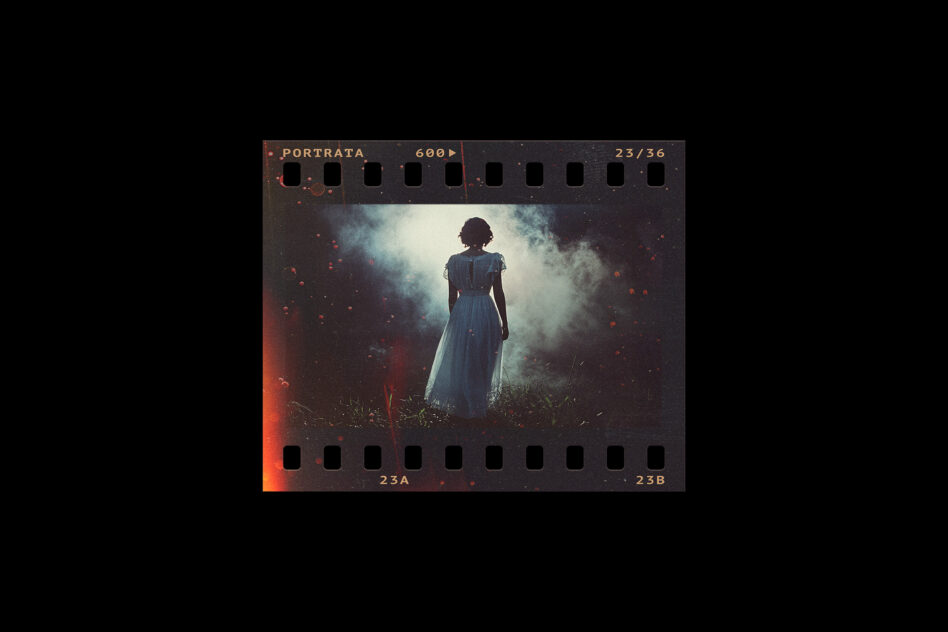 Vintage film frame featuring silhouette of a woman in a misty forest. Dark and atmospheric photography perfect for graphic design and creative mockup projects.