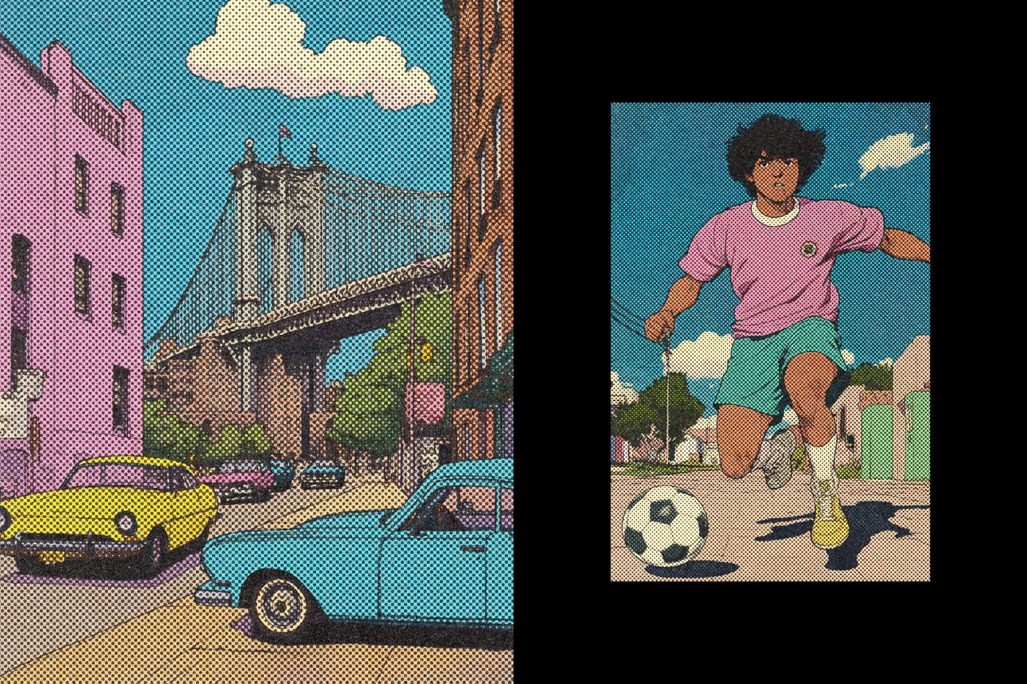 Retro pop art collage featuring a cityscape with a bridge, vintage cars, and a dynamic soccer player. Perfect for graphics, templates, and designers.