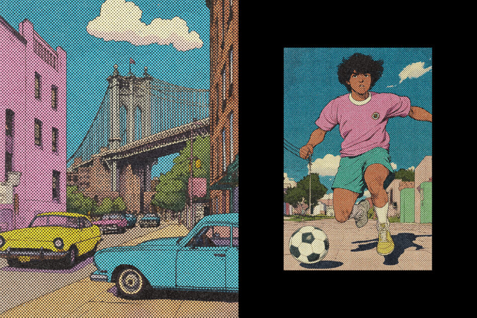 Retro pop art collage featuring a cityscape with a bridge, vintage cars, and a dynamic soccer player. Perfect for graphics, templates, and designers.