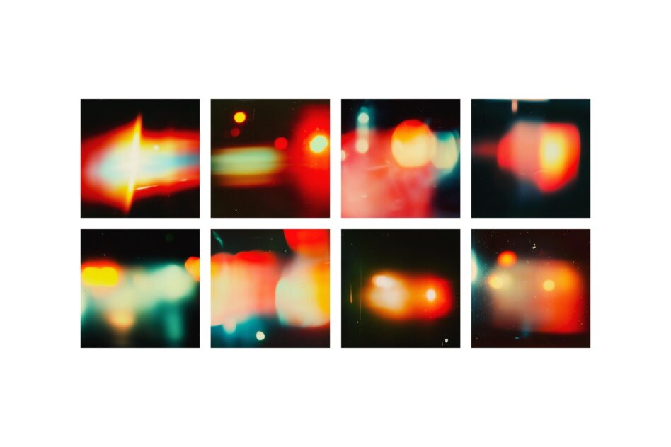 Eight bokeh light leak shots with red, orange, yellow streaks on dark surfaces