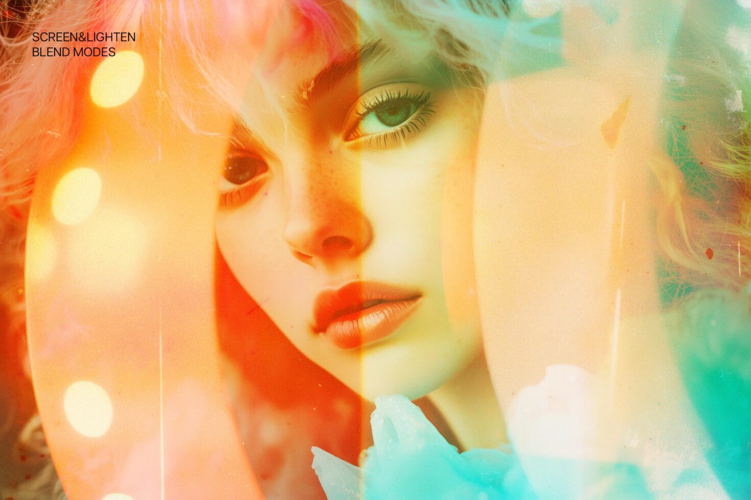 Colorful portrait with abstract light effects overlay using screen and lighten blend modes. Ideal for graphic designers seeking unique artistic inspiration.