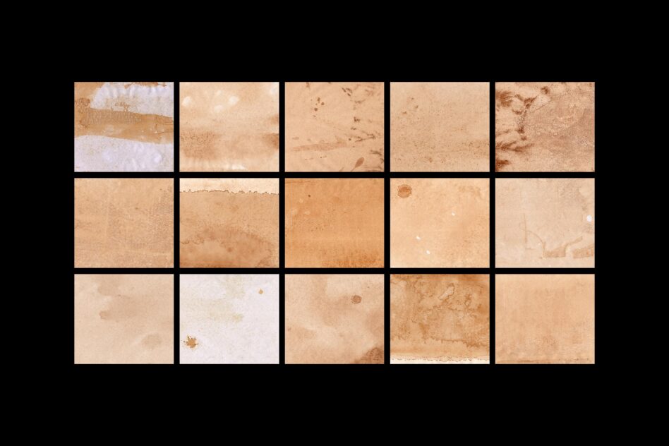 Collection of 15 light beige paper samples with organic water damage patterns